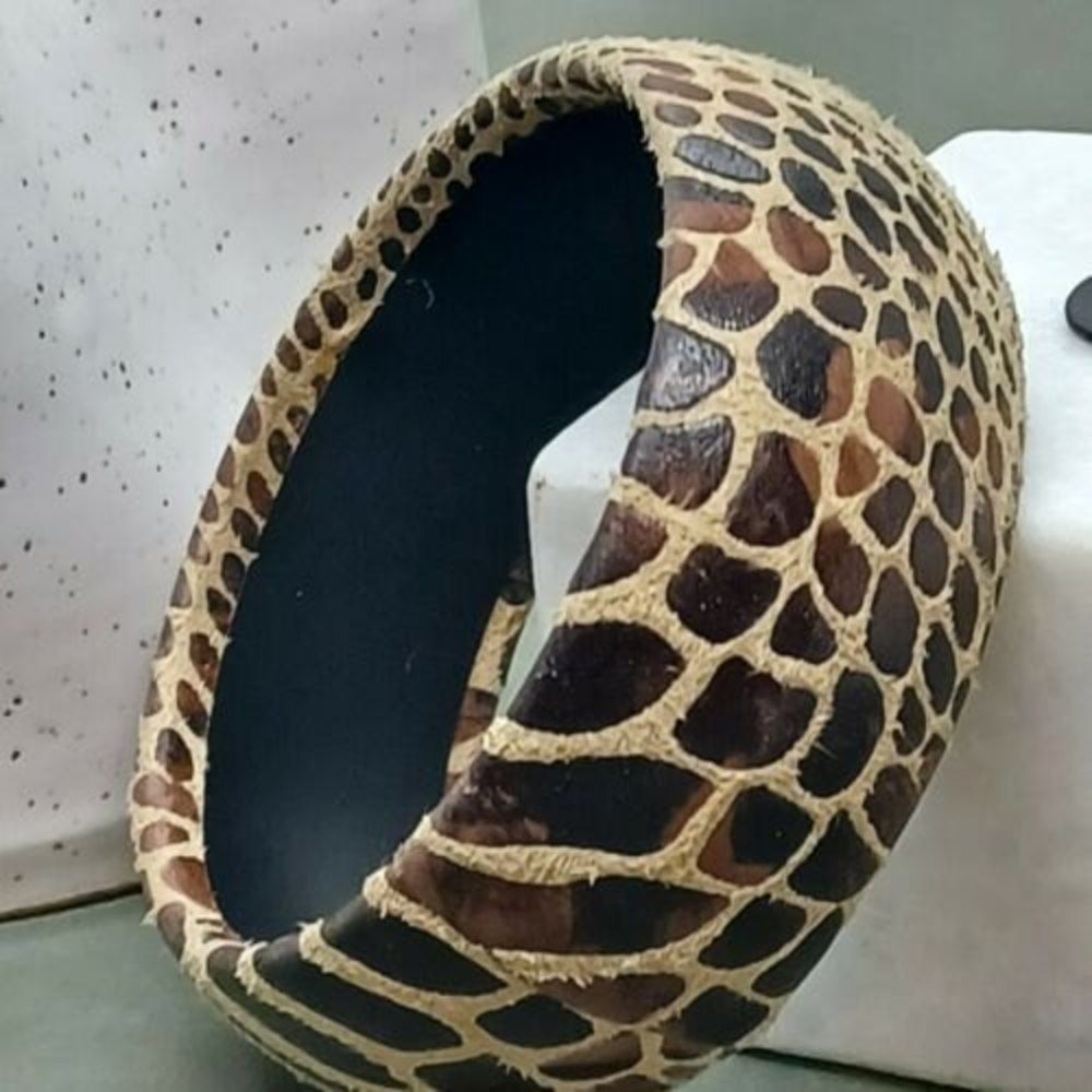 Boho Tribal Chunky Bangle Wood Base Suede Leather Faux Snake Skin/Leopard 1.5"W